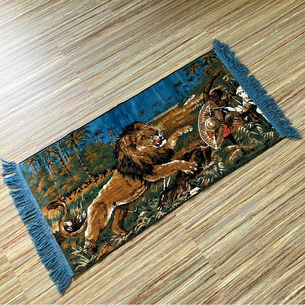 Vintage African Warrior & Lion Velvet Tapestry Wall Hanging Panel